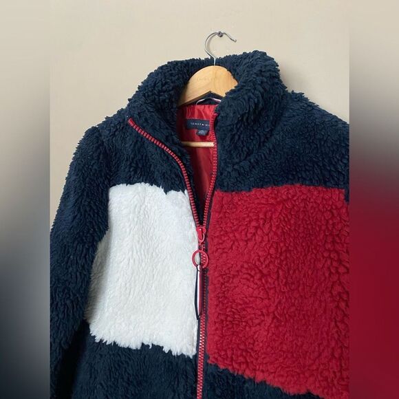 TOMMY HILFIGER Women's Sherpa Jacket Color block logo full-zip teddy bear XS EUC - Picture 4 of 16